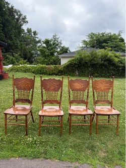 4 Vintage Solid Oak Press Back Carved Dining Chairs