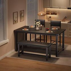 #D Dining Table Set, 4 Pieces, Dining Room Table with 2 Padded Chairs & Benches, Dining Room Group for 4 People, Rectangular Kitchen Table Set for Liv