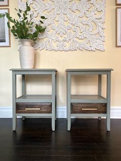 Pair of Custom Pure One Refinished Sage Green Nightstands with Natural Wood Drawers