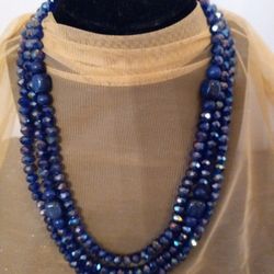 Necklace: Lapis Lazuli Blue Glass Beaded Multi Strand