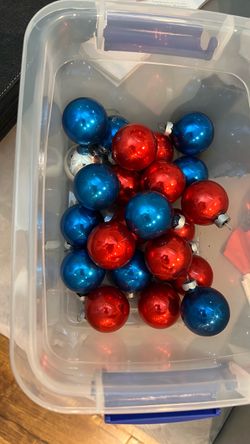 Vintage shine bright red and blue made in USA Christmas glass ornament