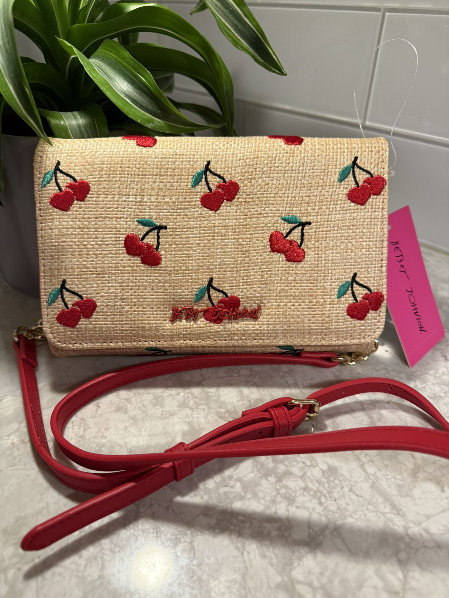 Betsey Johnson Straw Cherry Heart Purse