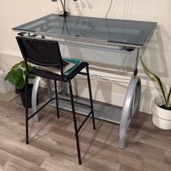 Adjustable Glass-Top Drafting Table with Metal Legs