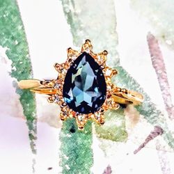 Pear Cut Blue Topaz Ring 18k Gold Plated Size 7.5
