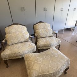European Bergere Chairs & Ottoman 