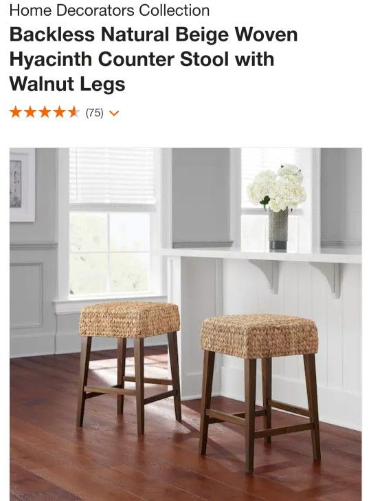 Backless Natural Beige Woven Hyacinth Counter Stool with Walnut Legs
