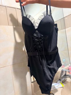 Black Lace-Up Bodysuit with Ruffle Detail