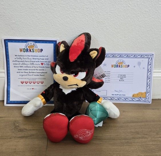 For Sale:
Brand New Authentic Build-A-Bear Shadow Plush Stuffed from Sonic The Hedgehog 3 with Sound 4 in 1 Phrases and Emerald