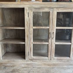 Sideboard Buffet Hutch Sand Washed Finish Glass Doors 