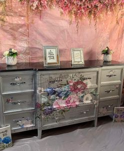 Beautiful French Boho Style Wooden Dresser Colors Gray,silver,black Gloss And Pastels Has Been Refurbished