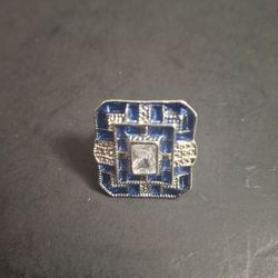 Vintage Mid 20th Century Art Deco Style Silvertone Ring With Blue Enamel & Clear Stones Size 7.5-7.75