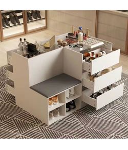Fufu&Gaga White 9-Drawers 47.2 in. Width Bedroom Dresser Jewelry Armoire Makeup Island with Glass Top and Shoe Bench, Shoe Storage($140)