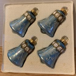 4 VTG Krebs Glass Ornaments Pastel Bells  Glitter Floral Filigree Braid Germany  A4