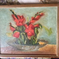 🌺 Vintage Mid-Century Still Life Oil Painting • Signed • Red Camellias • 19x23 Framed