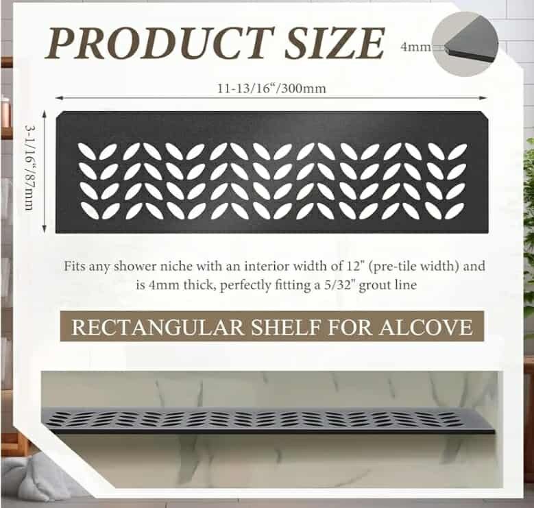 Teenyyou 1 Pcs Aluminum Shower Niche Rectangular Shelf Black 5/32"/ 4 Mm Thick, Petal Design, Matte Black Finish For 12" Prefabricated Niches, Fits 5/32" Grout Line - View #2