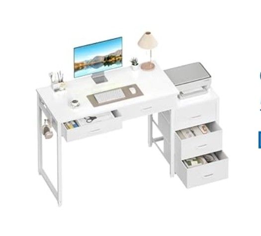 WHITE Computer Desk with 5 Drawers, 52 Inch Office