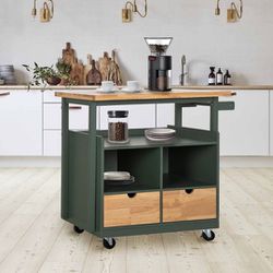 
New Rubber Wood Tabletop Kitchen Island Cart with Drawers and Towel Rack, Green