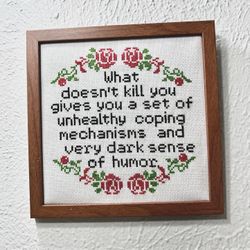 Like New: Hand Stitched Hand Sewn Framed Funny Message, Floral Red Roses, framed one of a kind art