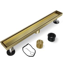 Gold Shower Drain, 24 Inch Linear Shower Drain with Removable Tile Insert Grate, 2 in 1 Bathroom Modern 304 Stainless Steel Brushed Gold Shower Floor 