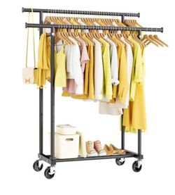 Double Rod Rolling Clothes Rack with Bottom Shelf