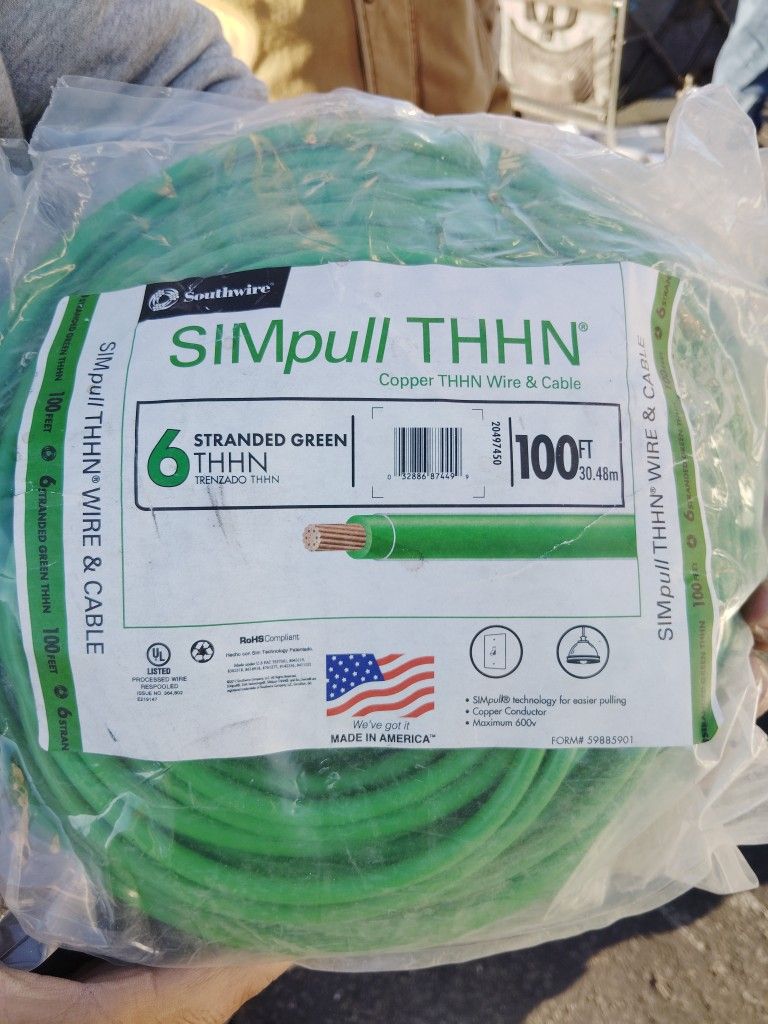 SIMPULL THHN 6 STRANDED GREEN COPPER THHN WIRE & CABLE 100 FT