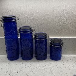 Vintage Cobalt Blue Glass Canister Fruit Design By Element