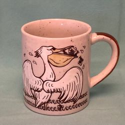Vintage 1970s pelican mug coffee cup gray brown speckle with birds eating fish