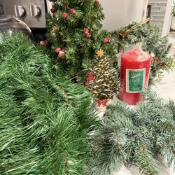 Bag of Vintange Christmas Decor- Garland, Mini Tree, Mini Wreath, Vtg Pillar Candle- etc 