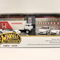 2025 Hot Wheels Premium Honda Type R Box Set:  Sakura Sprinter, 1999 Honda Civic Type R, 2003 Honda NSX-R, and 2020 Honda S2000 20th Anniversary.