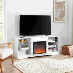 TV Stand Electric Fireplace Glass Shelves, 3D Fireplace TV Stand with LED Lights Wood with USB Charging Outlet Modern Television Table Center for TV u