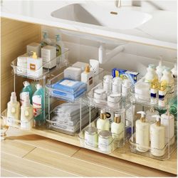Delamu 4 Sets of 2-Tier Clear Under Sink Organizers and Storage, Multi-Purpose Stackable Bathroom Cabinet Organizers, Pull Out Kitchen Pantry Organiza