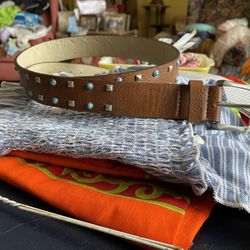 Silver Stud And Turquoise Stud Brown leather Belt