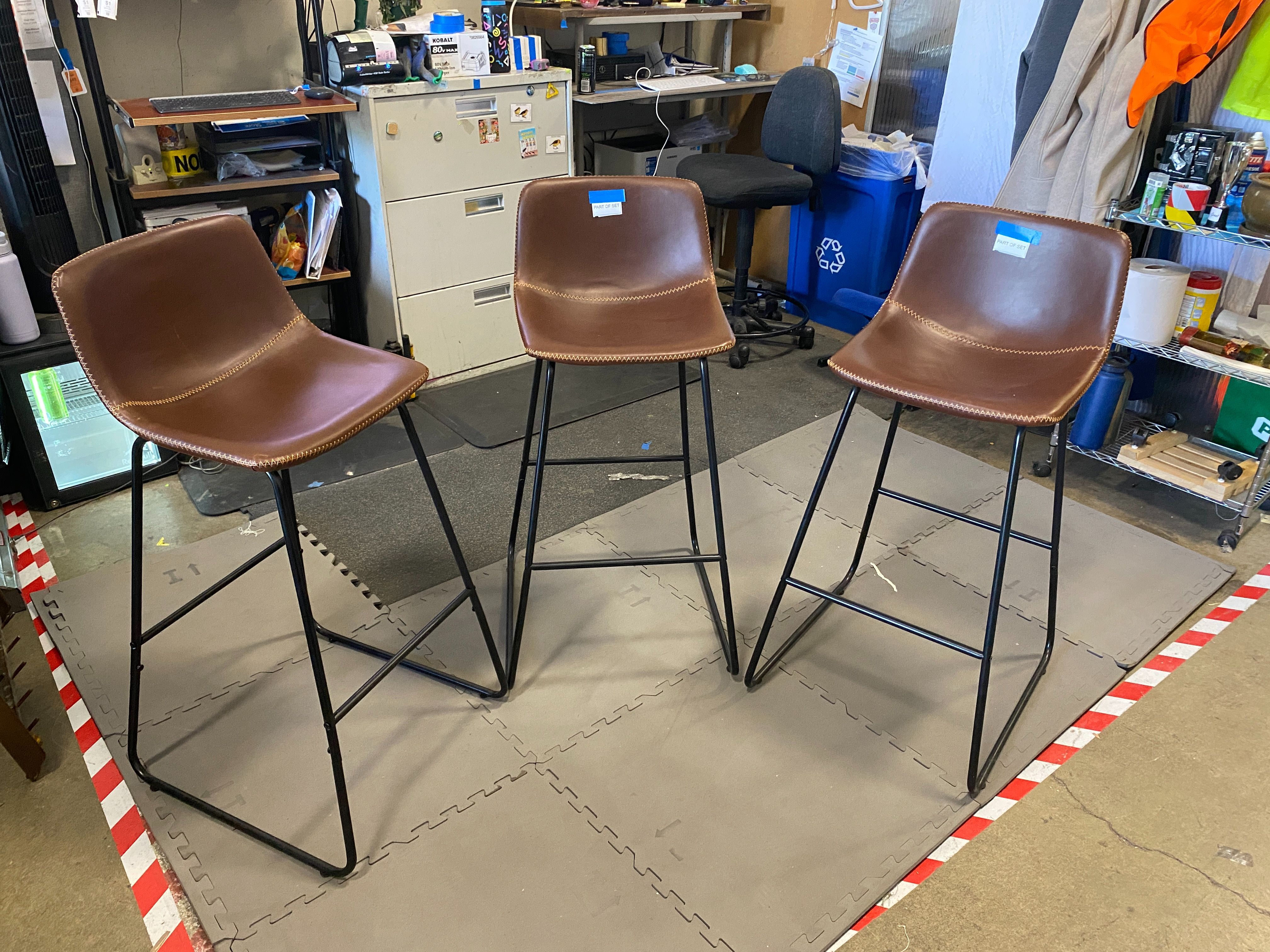 Set of 3 Brown Leather Baseball Stitched Counterstools