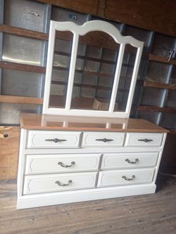 White Dresser with Mirror and Wood Top