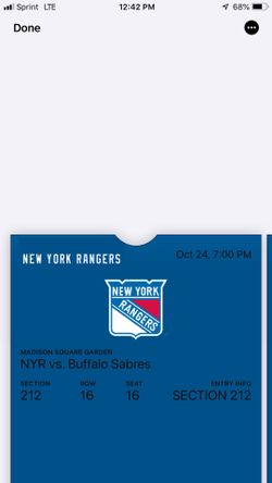 New York Rangers Vs Buffalo Sabres 10/24 Section 212 Row 16 (rangers shoot twice-great view) 2 tickets $55 each firm