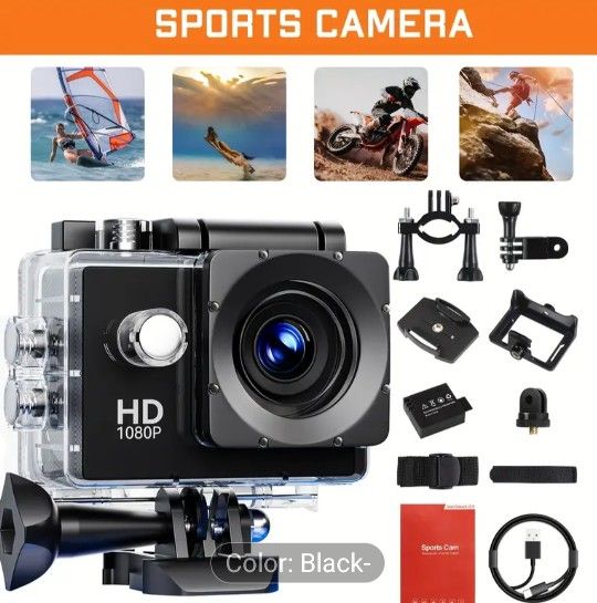 Compact 1080pP full High Definition Action Camera with 2" LCD Screen & 5MP Resolution. 170 degrees wide angle lens, 900mAh rechargeable battery