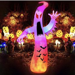 12FT Halloween Inflatables Giant Ghost Outdoor Decorations Colorful Flashing and Flame Lighting Blow Up Yard for Halloween Outdoor