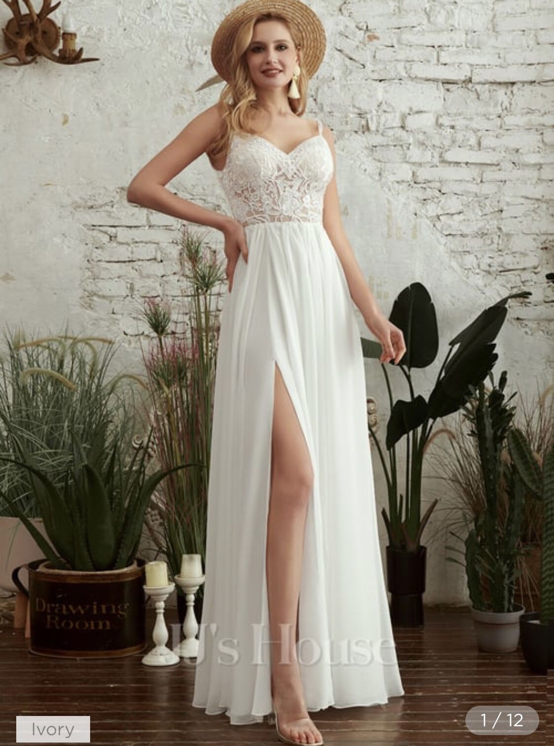 A-Line V-neck Floor-Length Wedding Dress With Beading Split Front Size 6