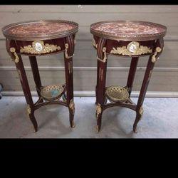 Antique French Louis XVI style Brass Ormolu and Floral Inlaid Accent Tables - a Pair