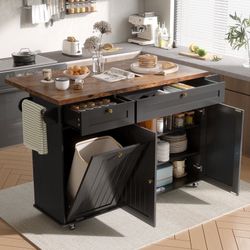 60.2"W Kitchen Island with Two Large Storage Cabinets And Drawers, Locking Wheels
