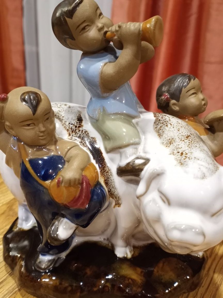 Vintage Asian Childrwn Playing Music Around Pig Figurine