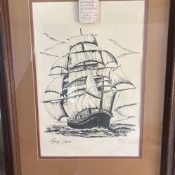 Flying Cloud Lithograph 1979 28” Tall 21” Wide Framed Drawing Sketch Art 