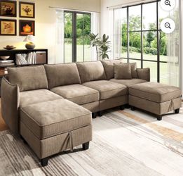BedLuxury 112" Modular Sectional Sofa with 2 Moveable Storage Ottoman, Cloud Couch Seats 6, Modern Living Room Furniture, Chenille Brown