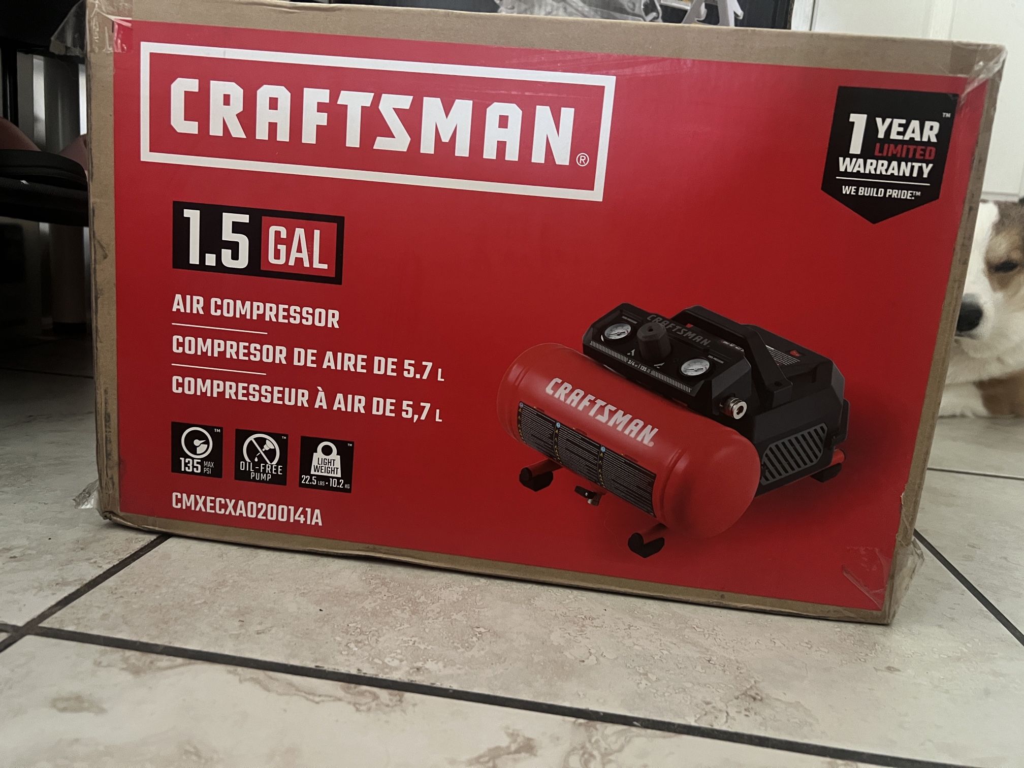 Craftsman Air Compressor, 1.5 Gallon 3/4 HP Max 135 PSI Pressure - New in Box