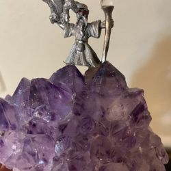 Spoontiques Pewter Figurines Dragon Mounted on an Amethyst Crystal Cluster 