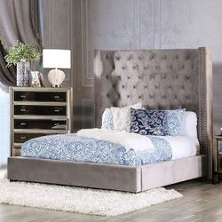 Brand New Gray Velvet Wingback Design Queen Size Bed Frame