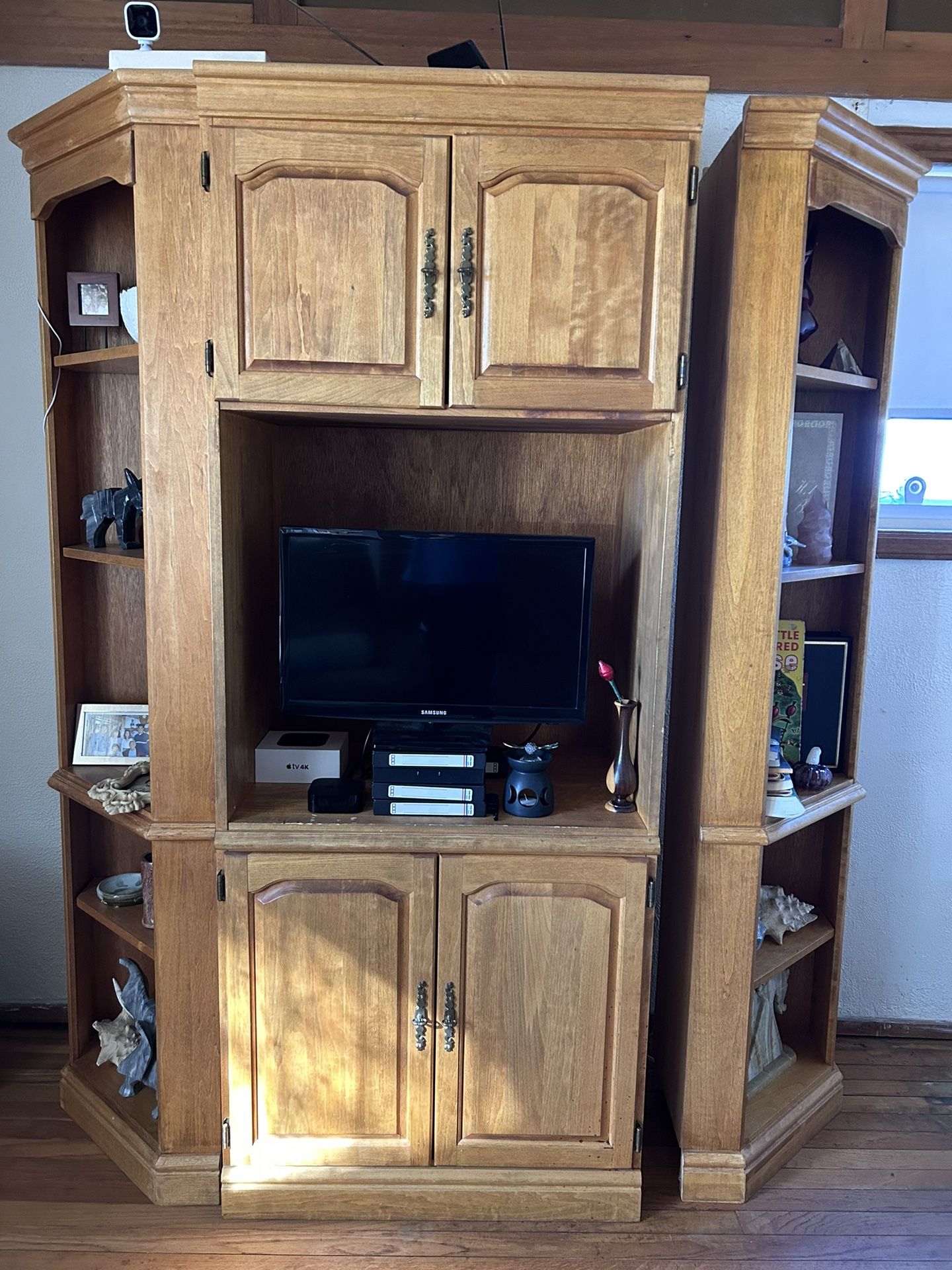 Three Piece Wood Finished Shelving & Storage Cabinet