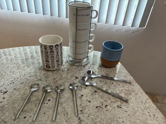 Coffee set with espresso cups from Vegas, ceramic mug and artistic mug and 6 spoons
