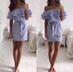 Mini off shoulder stripes ruffle dress S