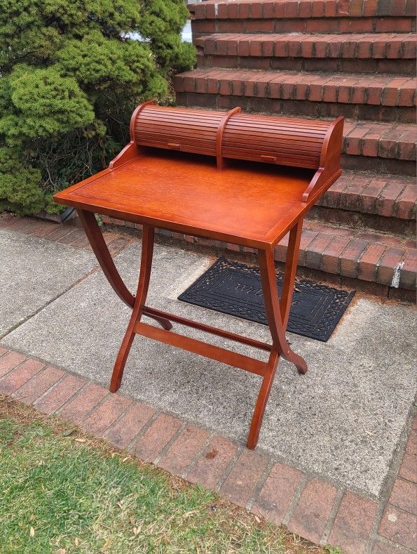 Vintage Roll Top Desk Solid Wood with Pigeon Holes Storage Folding Collapsible Side Table Wooden Secretary Mid-Century Modern MCM Retro